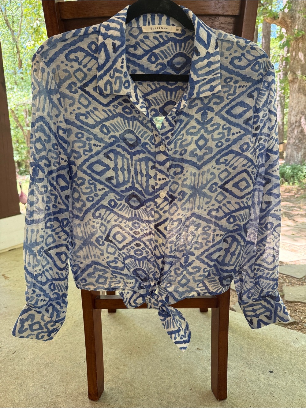 Ellison Blue and White Geometric Tie-Front Button-Up Shirt